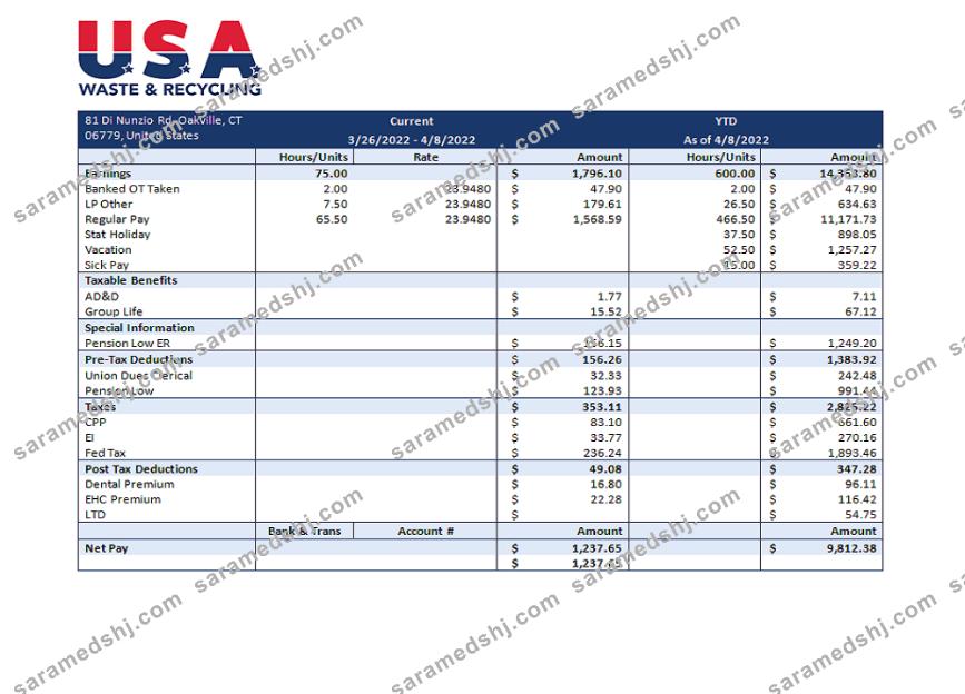 USA Waste & Recycling recycling company pay stub